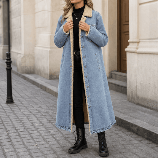 Denora Sherpa-Lined Longline Denim Coat – Women Oversized Full-Length Jean Jacket Winter Casual Streetwear
