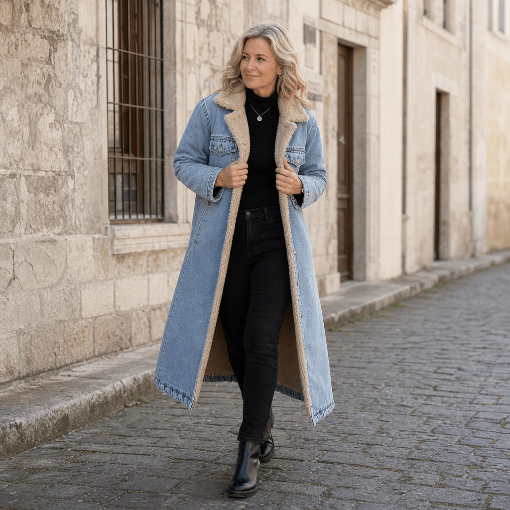 Denora Sherpa-Lined Longline Denim Coat – Women Oversized Full-Length Jean Jacket Winter Casual Streetwear
