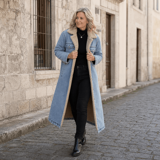 Denora Sherpa-Lined Longline Denim Coat – Women Oversized Full-Length Jean Jacket Winter Casual Streetwear