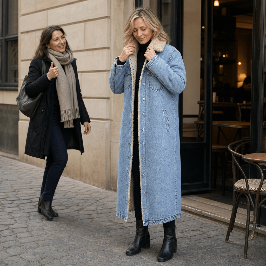 Denora Sherpa-Lined Longline Denim Coat – Women Oversized Full-Length Jean Jacket Winter Casual Streetwear