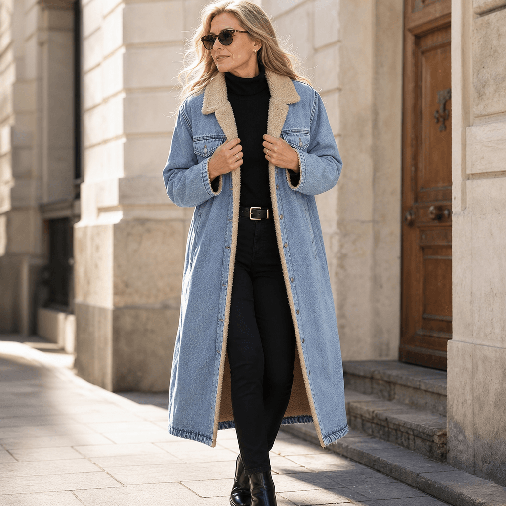 Denora Sherpa-Lined Longline Denim Coat – Women Oversized Full-Length Jean Jacket Winter Casual Streetwear