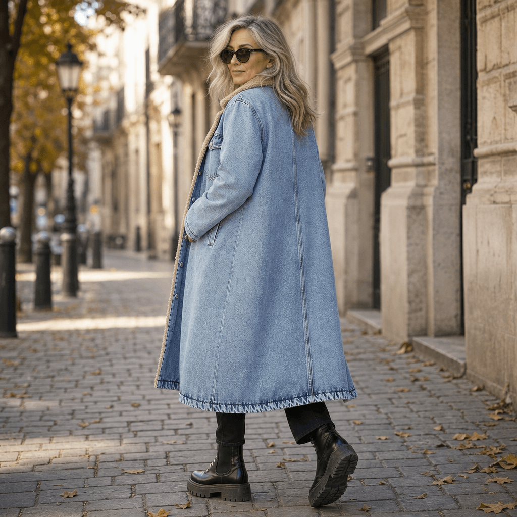 Denora Sherpa-Lined Longline Denim Coat – Women Oversized Full-Length Jean Jacket Winter Casual Streetwear