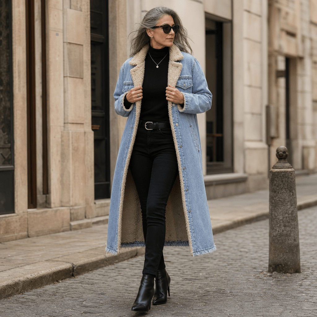 Denora Sherpa-Lined Longline Denim Coat – Women Oversized Full-Length Jean Jacket Winter Casual Streetwear