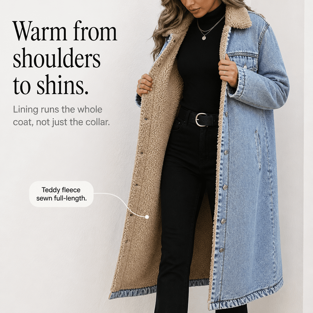 Denora Sherpa-Lined Longline Denim Coat – Women Oversized Full-Length Jean Jacket Winter Casual Streetwear