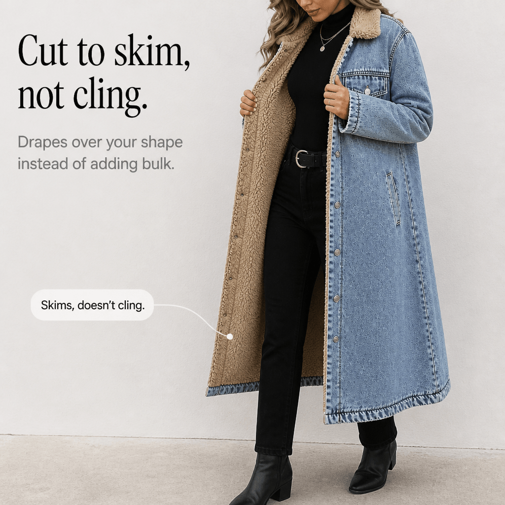 Denora Sherpa-Lined Longline Denim Coat – Women Oversized Full-Length Jean Jacket Winter Casual Streetwear