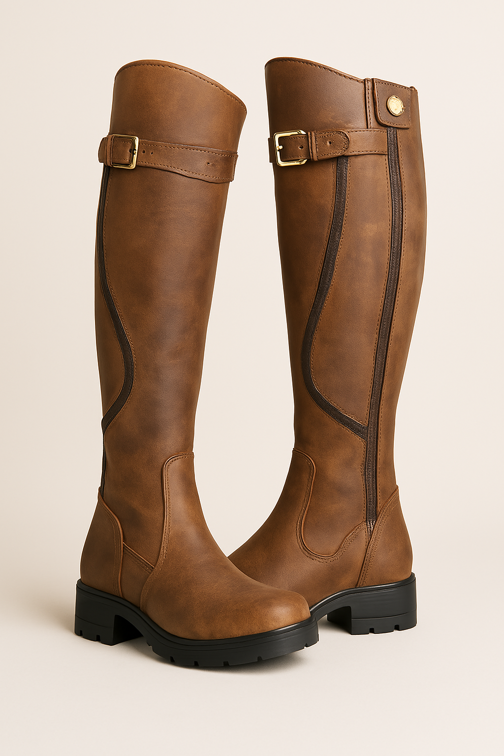 Stivaro Knee-High Riding Boots – Leather Buckle Side-Zip Women Winter Combat Knee-High Boots