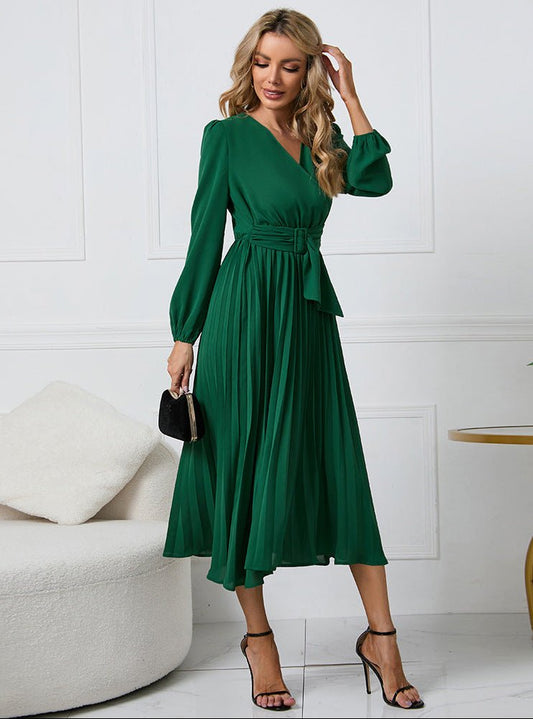 Robe midi portefeuille ceinturée Verida - robe midi plissée à manches longues pour femme, habillée, pour cocktail et fête en automne