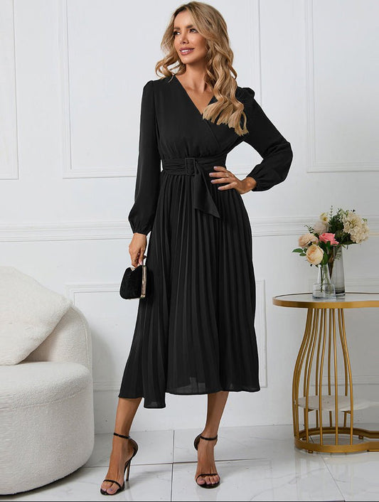 Robe midi portefeuille ceinturée Verida - robe midi plissée à manches longues pour femme, habillée, pour cocktail et fête en automne