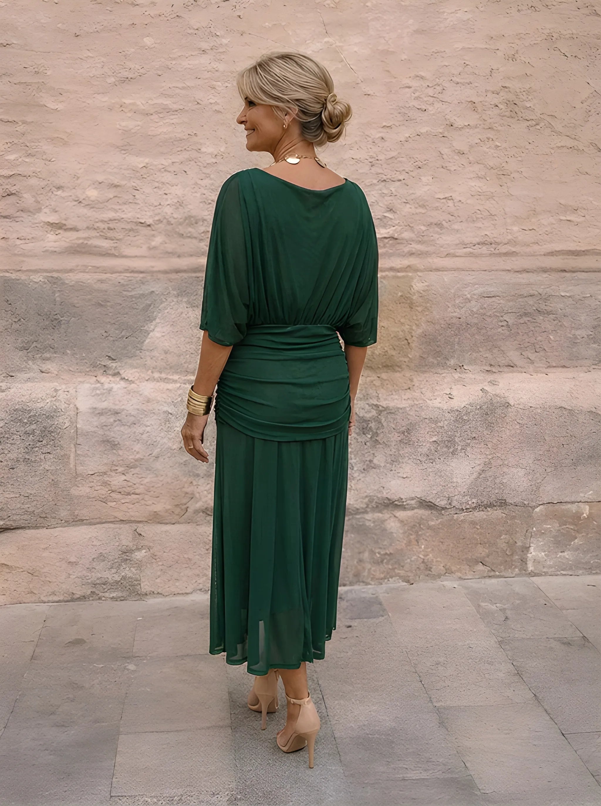 Robe midi drapée à col V Gatherlyn - Robe élégante de soirée pour femme, froncée, à manches kimono