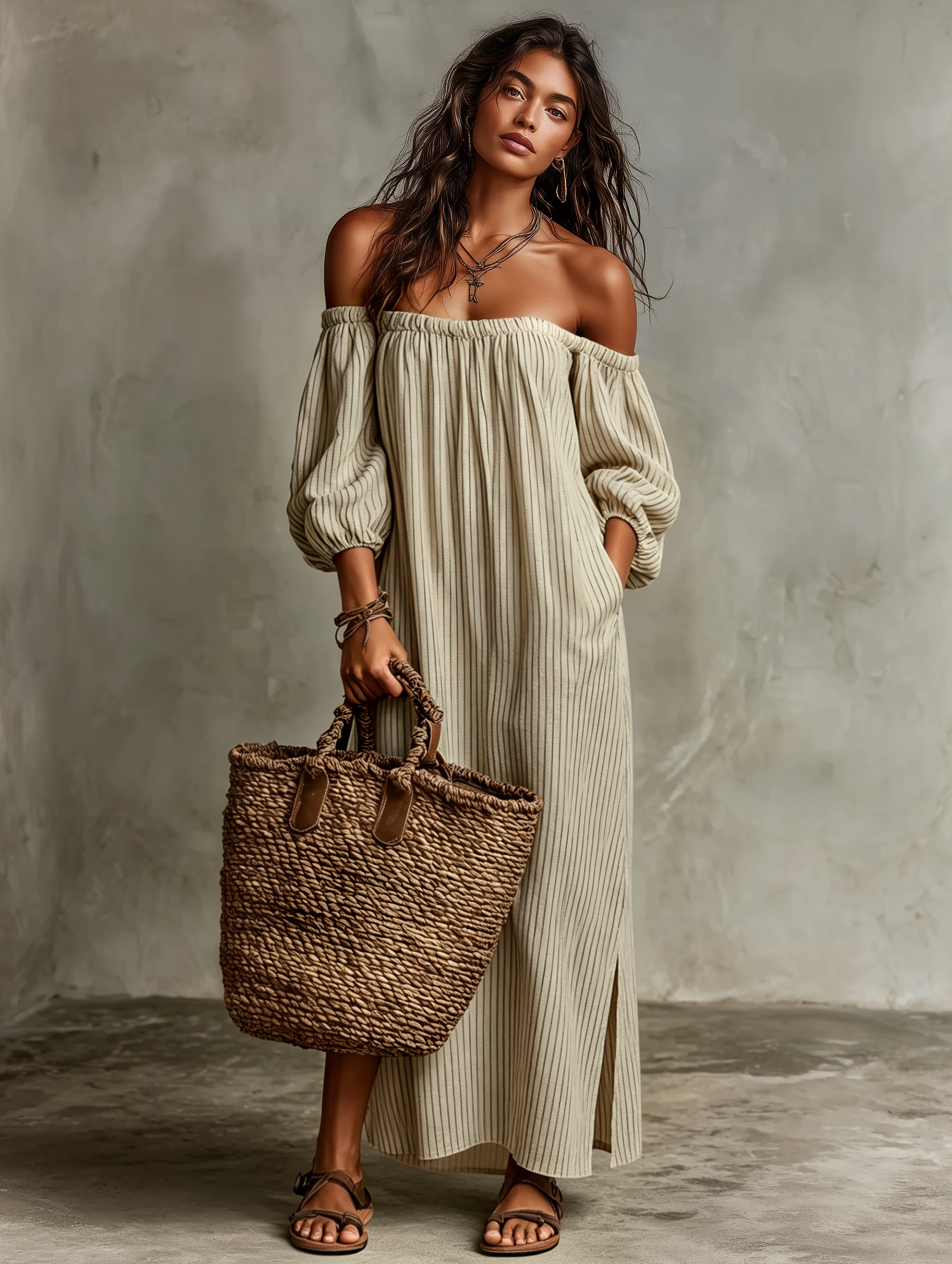 Rigatta Off-Shoulder Striped Maxi Dress – Women Summer Boho Casual Beach Vacation Sundress Maxi Dress