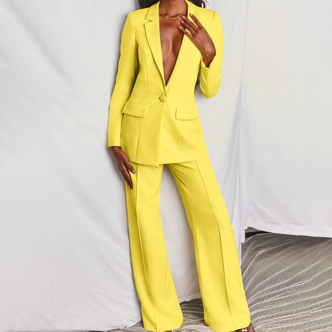 Citrelle Longline Blazer Wide-Leg Trouser Set – Women Tailored Two Piece Fall Office Ladies Blazer Jacket