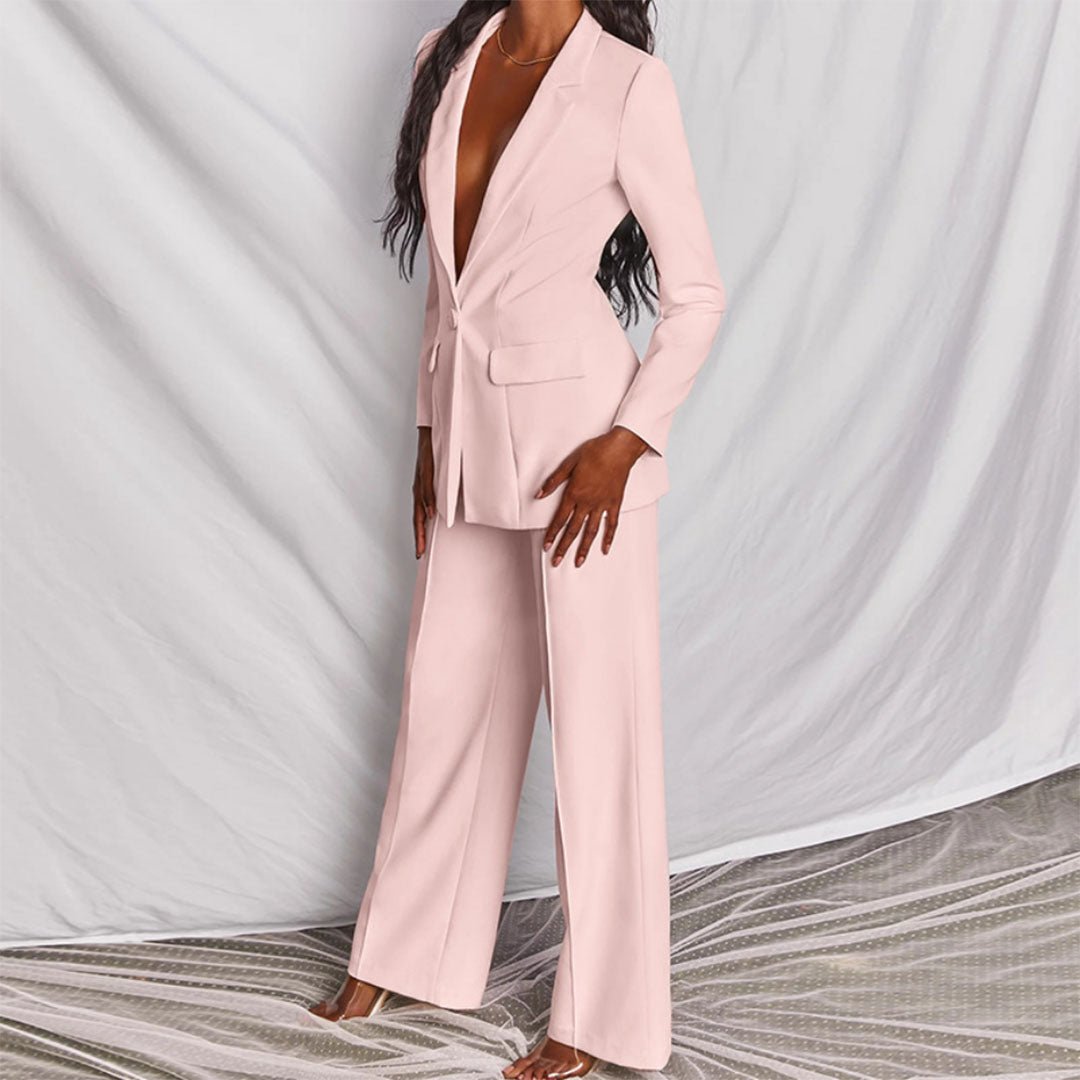 Citrelle Longline Blazer Wide-Leg Trouser Set – Women Tailored Two Piece Fall Office Ladies Blazer Jacket