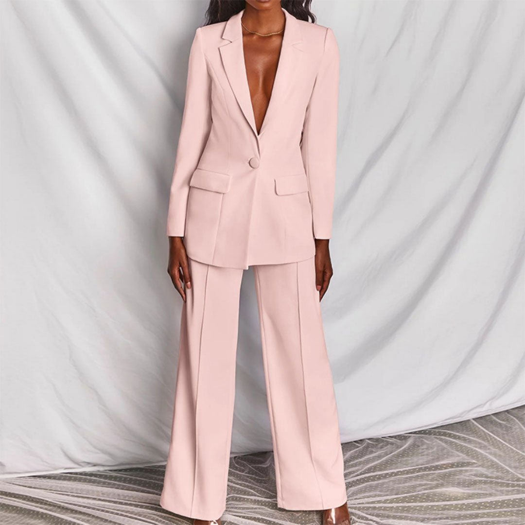 Citrelle Longline Blazer Wide-Leg Trouser Set – Women Tailored Two Piece Fall Office Ladies Blazer Jacket