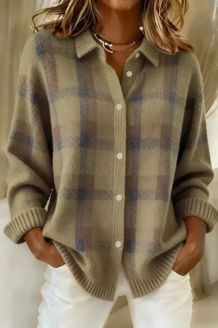 Casagrid Oversized Plaid Shirt – Knit Button Down Women Long Sleeve Casual Relaxed Fit Collared Blouse Shirt