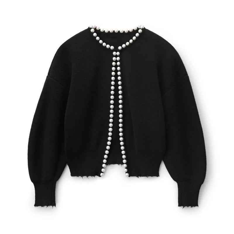 Perlaline Pearl-Trimmed Crop Cardigan – Cropped Cardigan Women Knit Sweater Evening Party Vintage Elegant