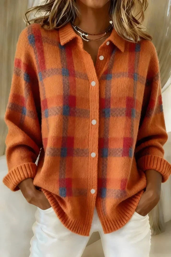 Casagrid Oversized Plaid Shirt – Knit Button Down Women Long Sleeve Casual Relaxed Fit Collared Blouse Shirt