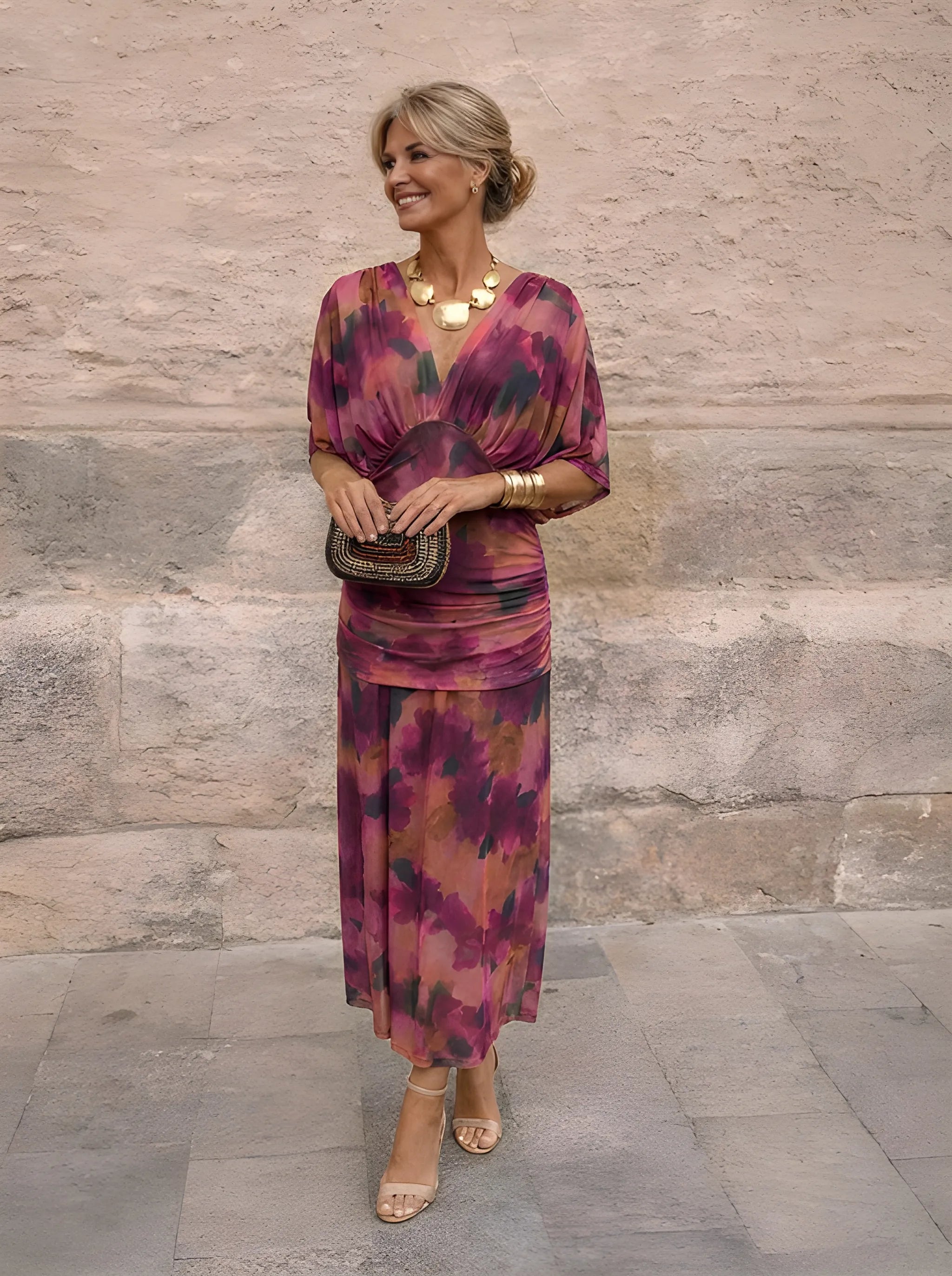 Robe midi drapée à col V Gatherlyn - Robe élégante de soirée pour femme, froncée, à manches kimono