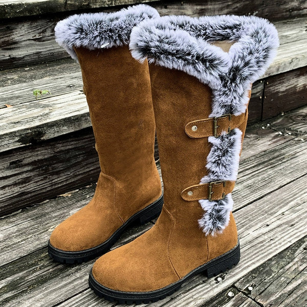 Frostrim Faux Fur Mid-Calf Boots – Women Knee High Winter Snow Boots Faux Suede Lug Sole Combat Boots