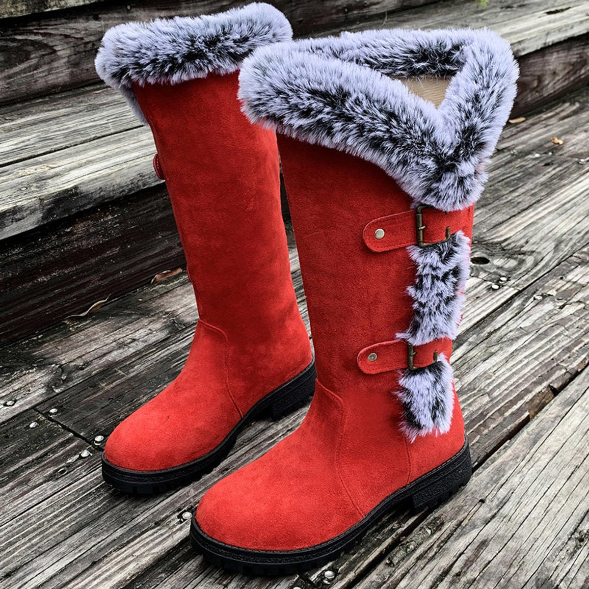 Frostrim Faux Fur Mid-Calf Boots – Women Knee High Winter Snow Boots Faux Suede Lug Sole Combat Boots