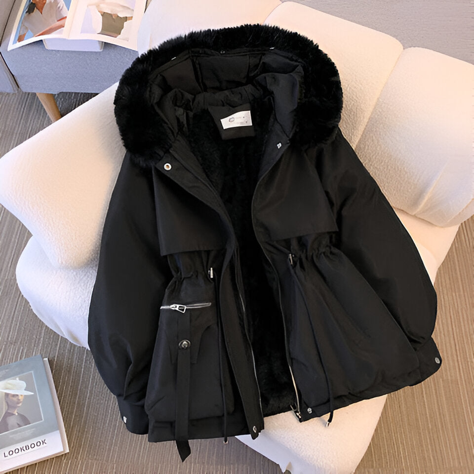 Doudoune à capuche bordée de fausse fourrure et taille ajustable Collietta - Doudoune à capuche moelleuse pour femme, manteau d’hiver