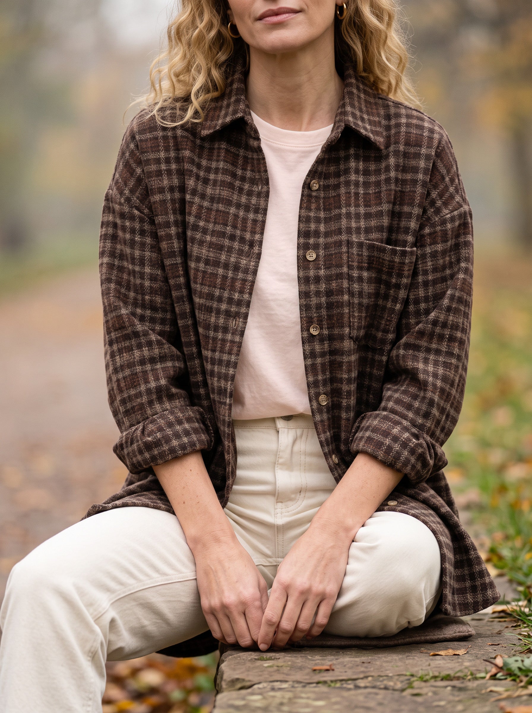 Chemise longue à carreaux en flanelle brossée Ridgewood - surchemise oversize boutonnée pour femme, veste décontractée d'automne