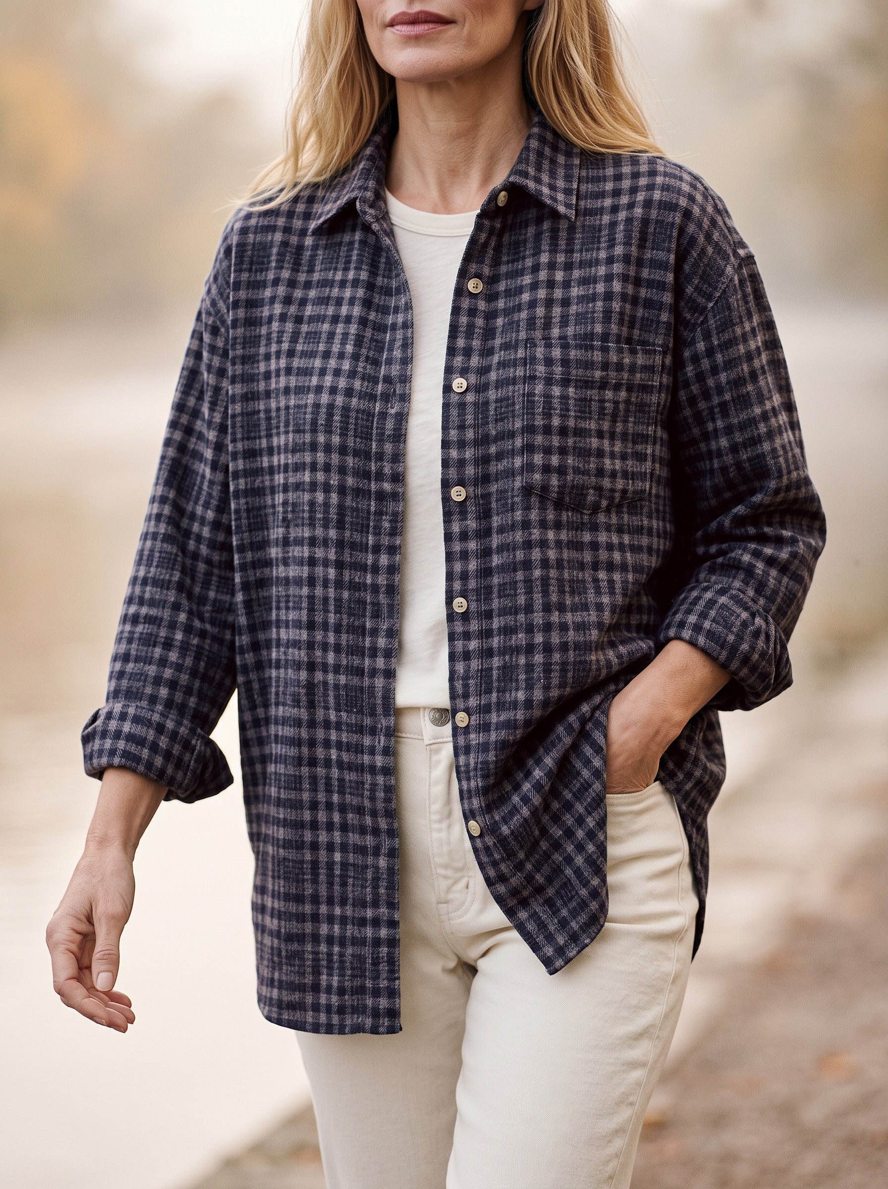 Chemise longue à carreaux en flanelle brossée Ridgewood - surchemise oversize boutonnée pour femme, veste décontractée d'automne