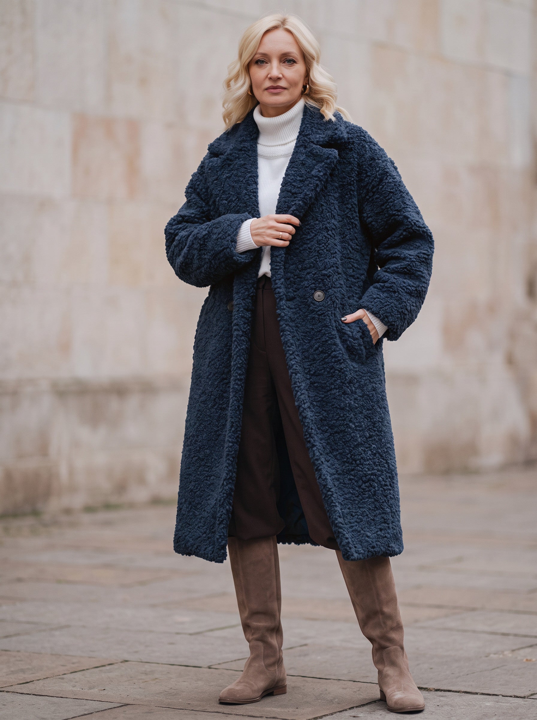 Manteau long effet peluche Riccio - manteau en fausse fourrure oversize pour femme, à boutons sur le devant, pour l'hiver