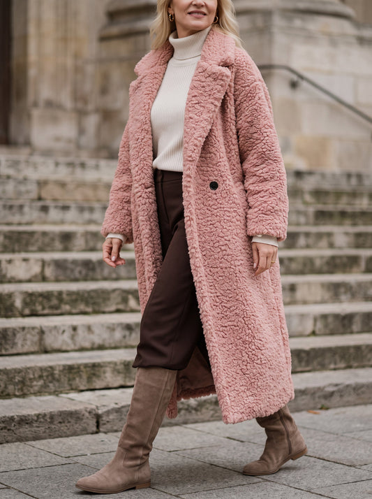 Riccio Longline Teddy Coat – Faux Fur Coat Women Winter Oversized Button Front Outerwear Ladies Overcoat