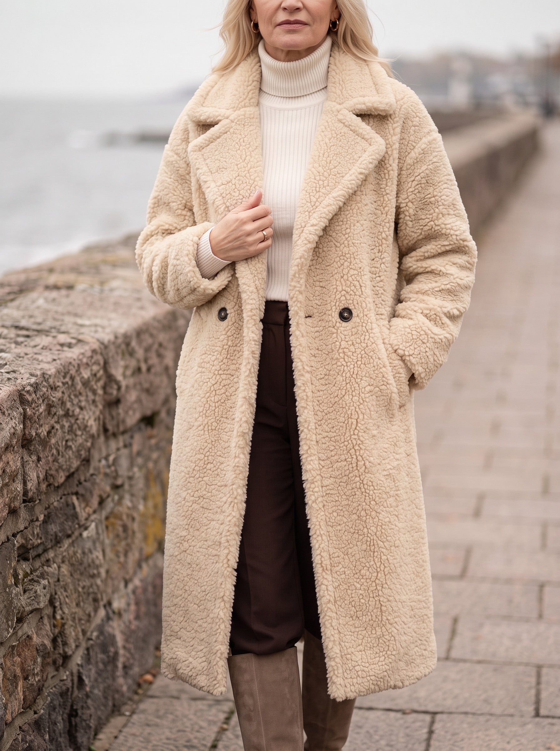 Manteau long effet peluche Riccio - manteau en fausse fourrure oversize pour femme, à boutons sur le devant, pour l'hiver
