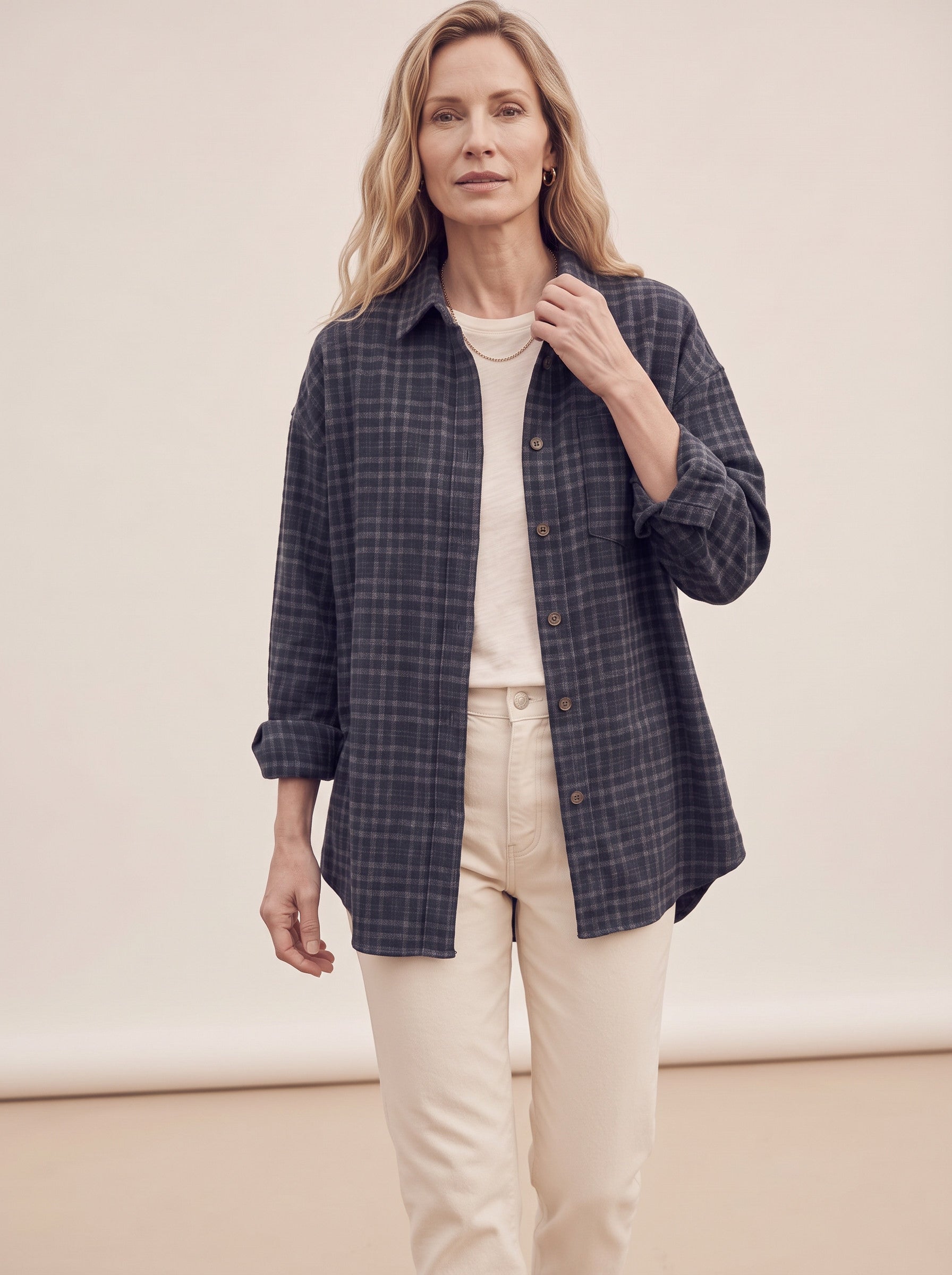 Chemise longue à carreaux en flanelle brossée Ridgewood - surchemise oversize boutonnée pour femme, veste décontractée d'automne