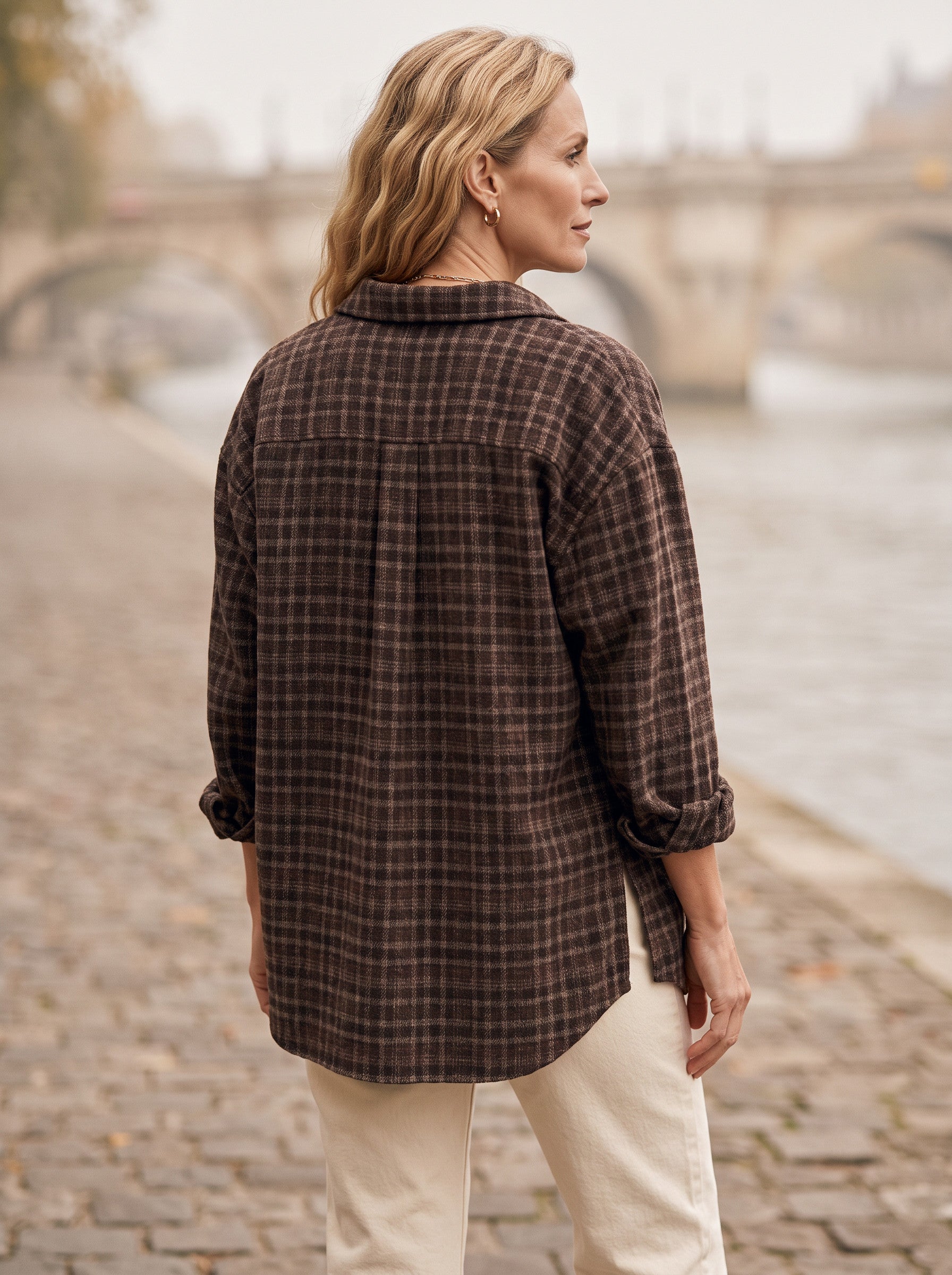 Chemise longue à carreaux en flanelle brossée Ridgewood - surchemise oversize boutonnée pour femme, veste décontractée d'automne
