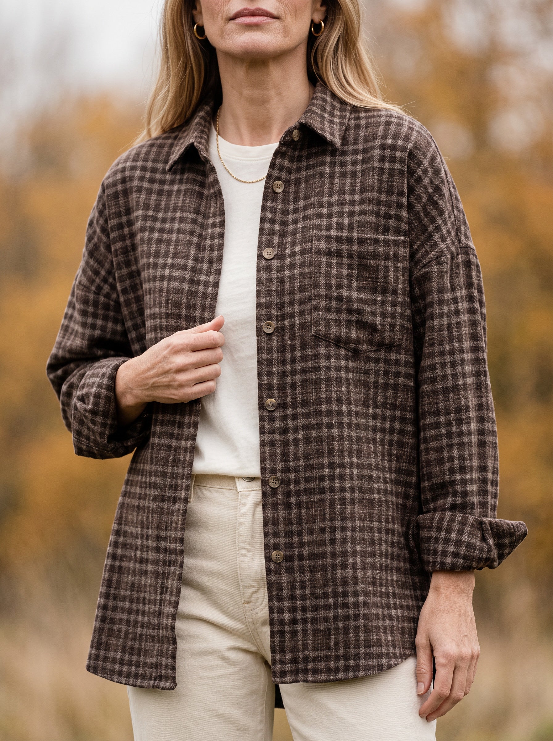Chemise longue à carreaux en flanelle brossée Ridgewood - surchemise oversize boutonnée pour femme, veste décontractée d'automne