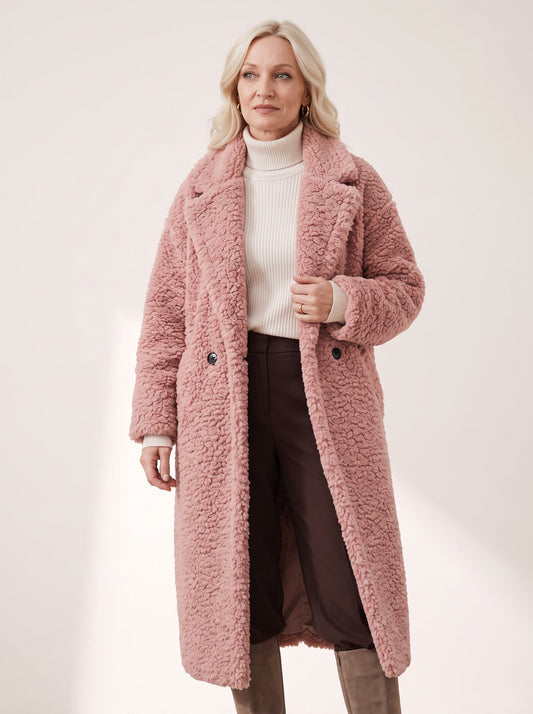 Riccio Longline Teddy Coat – Faux Fur Coat Women Winter Oversized Button Front Outerwear Ladies Overcoat