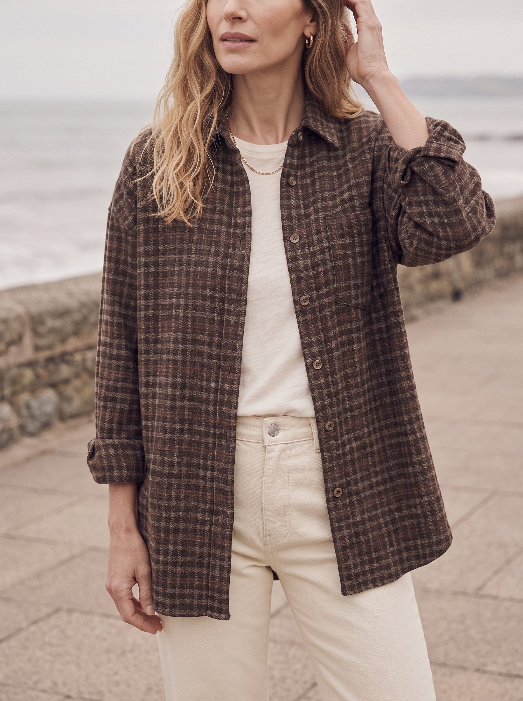 Chemise longue à carreaux en flanelle brossée Ridgewood - surchemise oversize boutonnée pour femme, veste décontractée d'automne