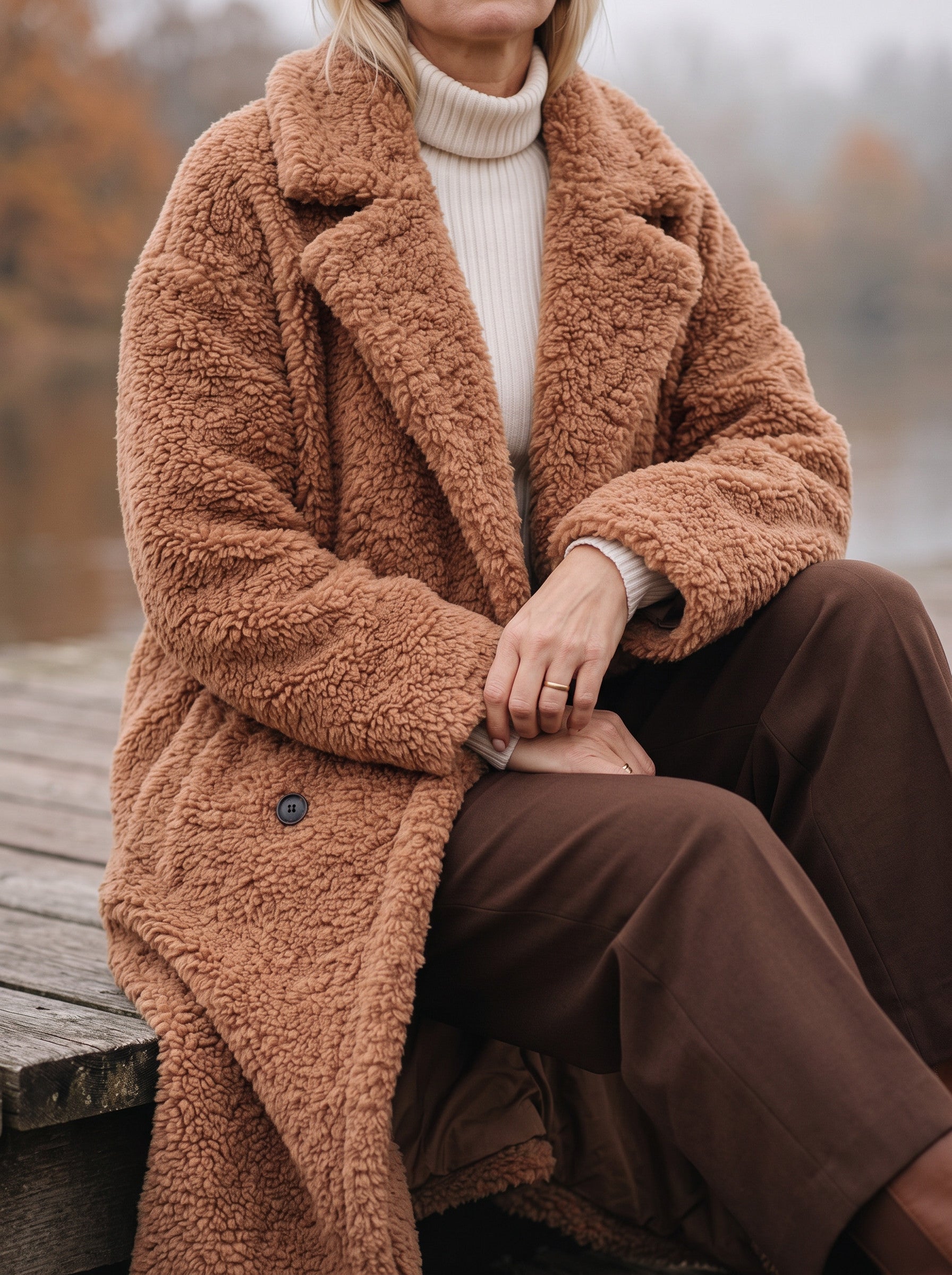 Manteau long effet peluche Riccio - manteau en fausse fourrure oversize pour femme, à boutons sur le devant, pour l'hiver