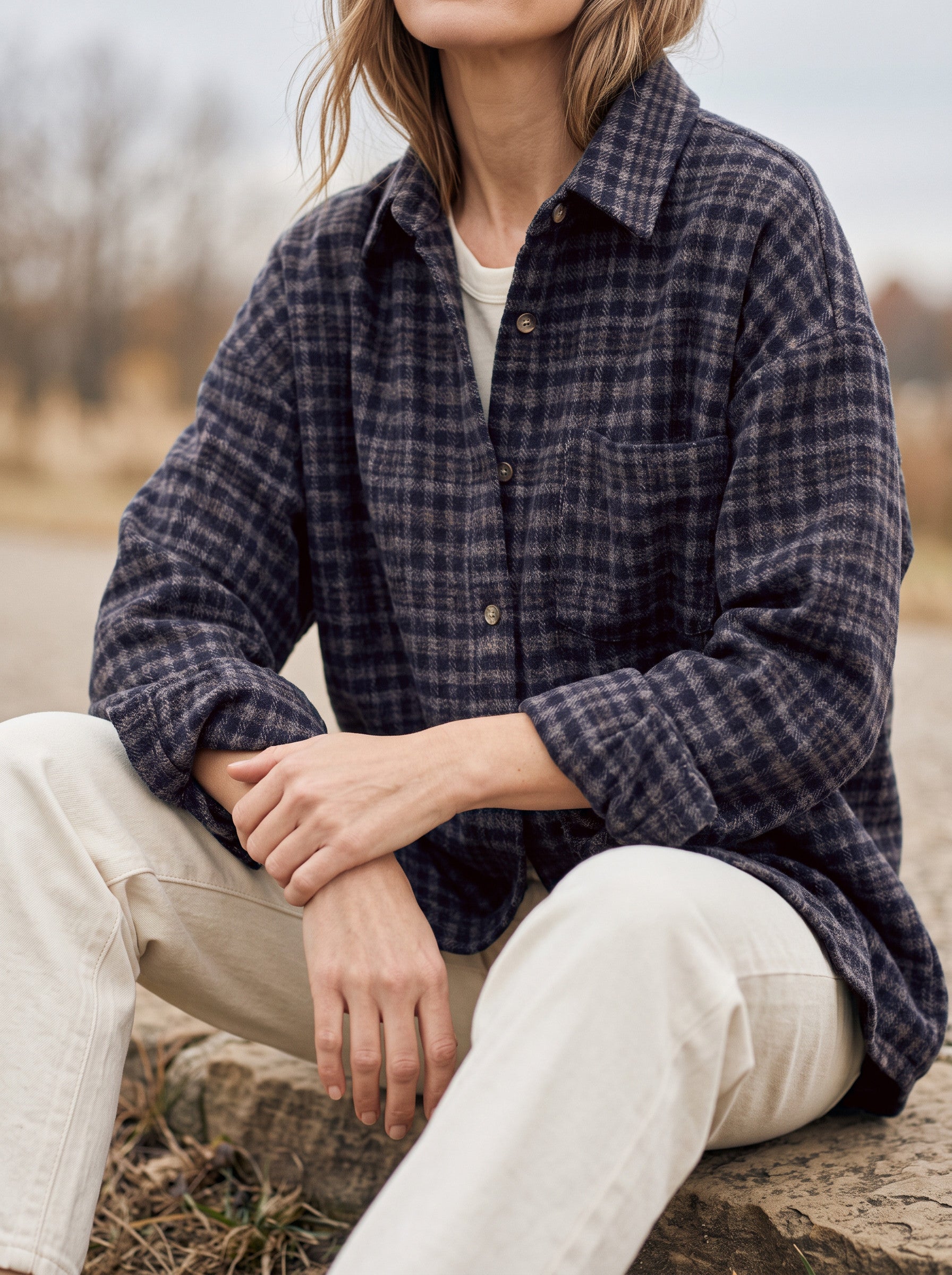 Chemise longue à carreaux en flanelle brossée Ridgewood - surchemise oversize boutonnée pour femme, veste décontractée d'automne