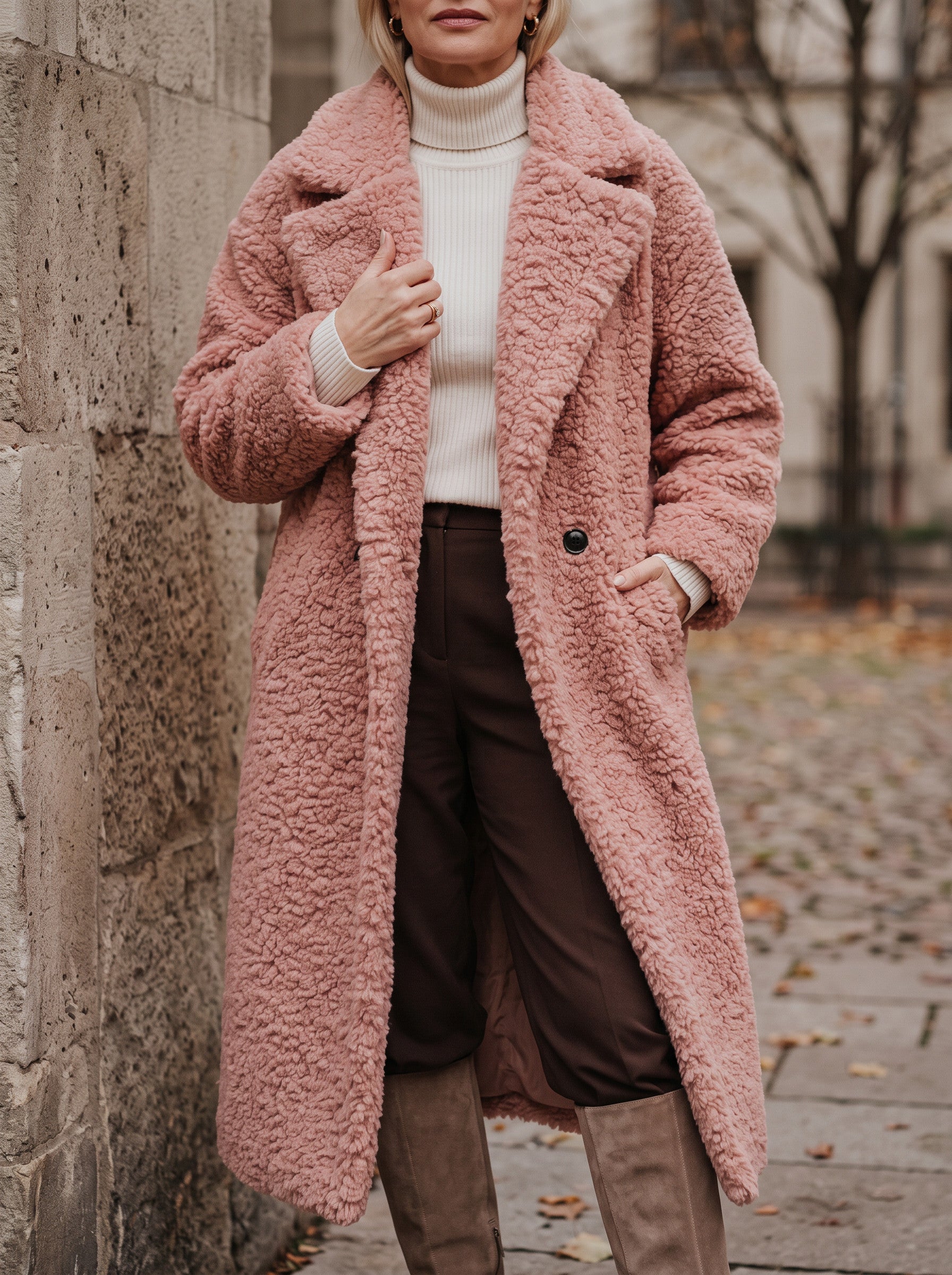 Manteau long effet peluche Riccio - manteau en fausse fourrure oversize pour femme, à boutons sur le devant, pour l'hiver