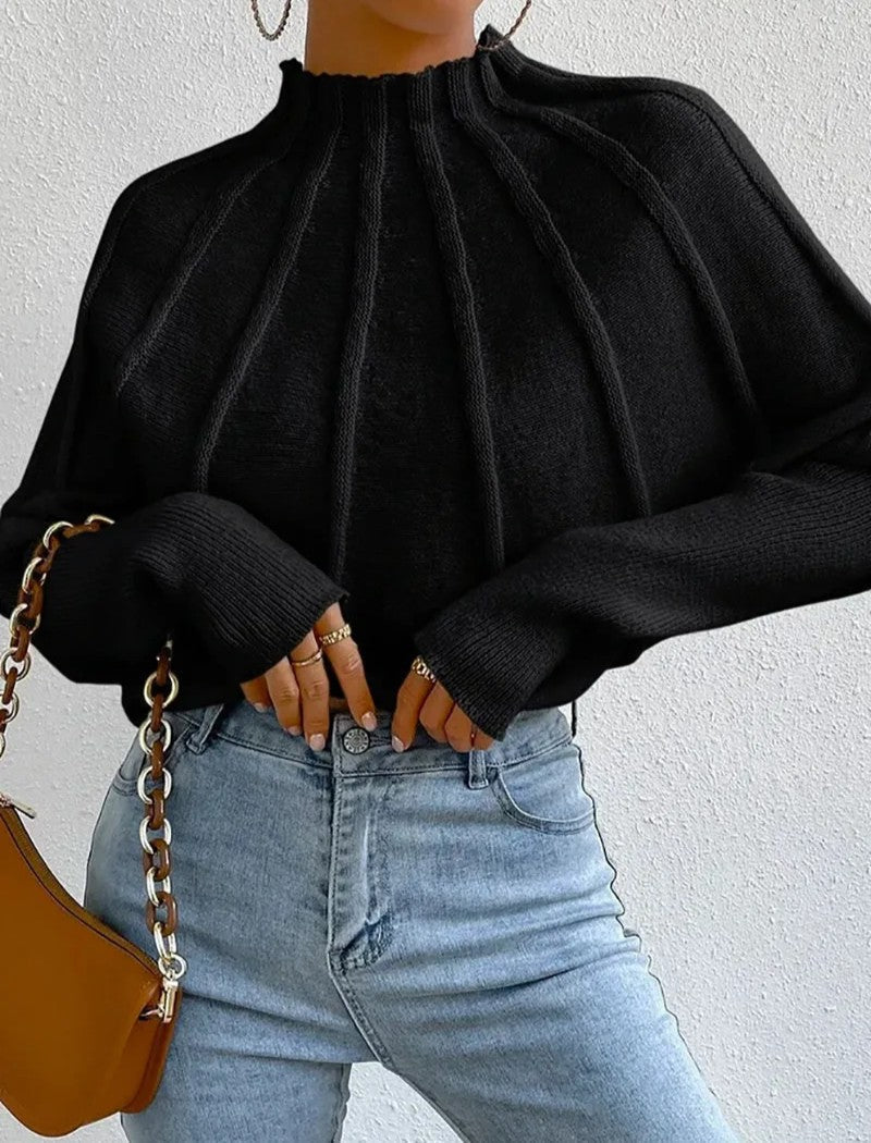 Pull en maille côtelée à col montant Pliaro – Pull à manches longues pour femme, décontracté et élégant, pour le bureau, automne
