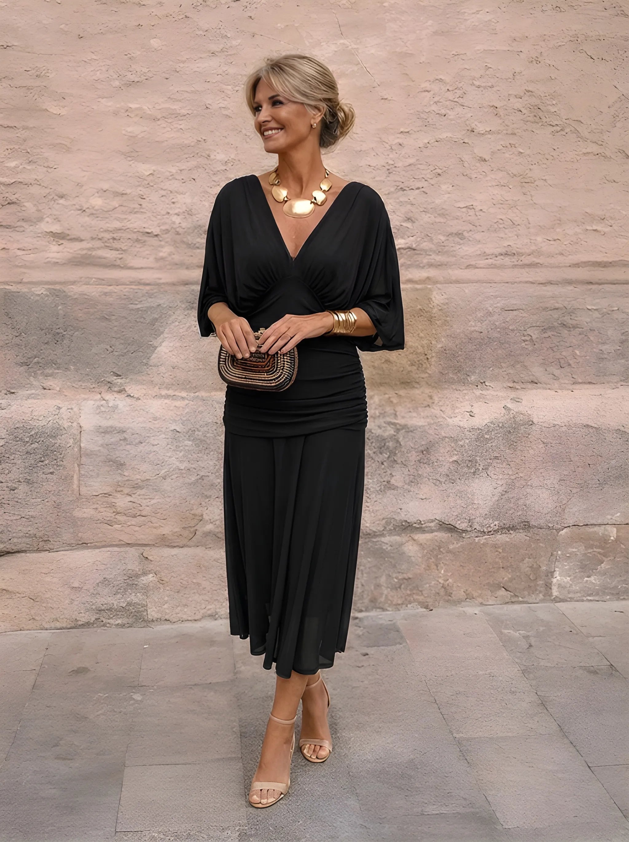 Robe midi drapée à col V Gatherlyn - Robe élégante de soirée pour femme, froncée, à manches kimono