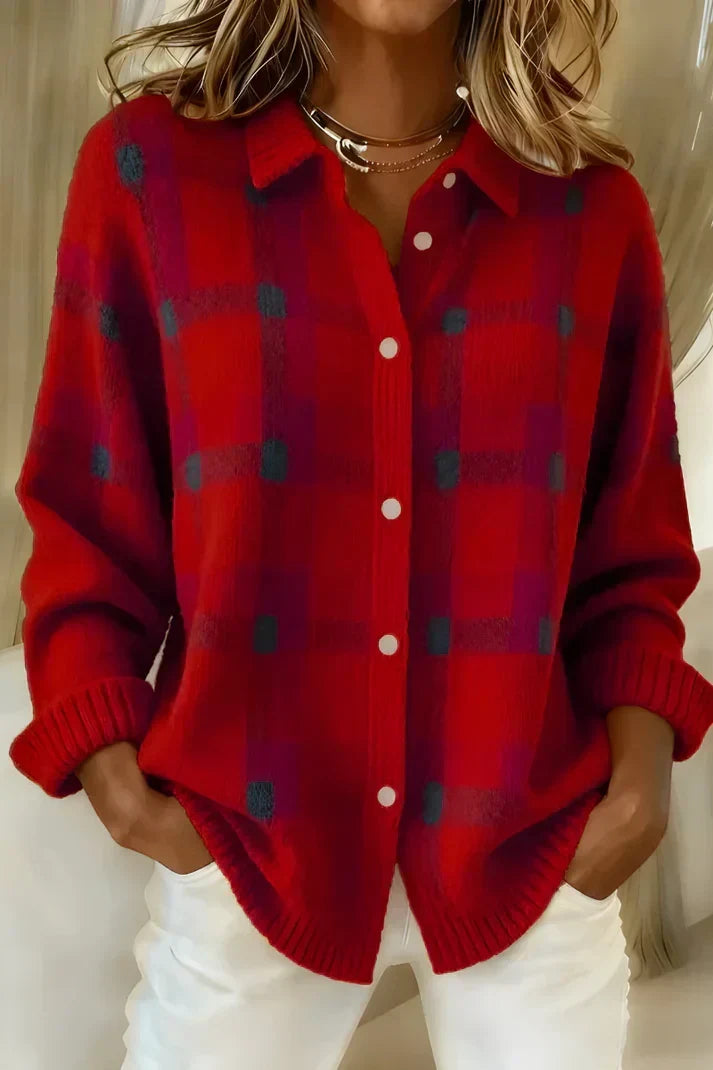 Casagrid Oversized Plaid Shirt – Knit Button Down Women Long Sleeve Casual Relaxed Fit Collared Blouse Shirt