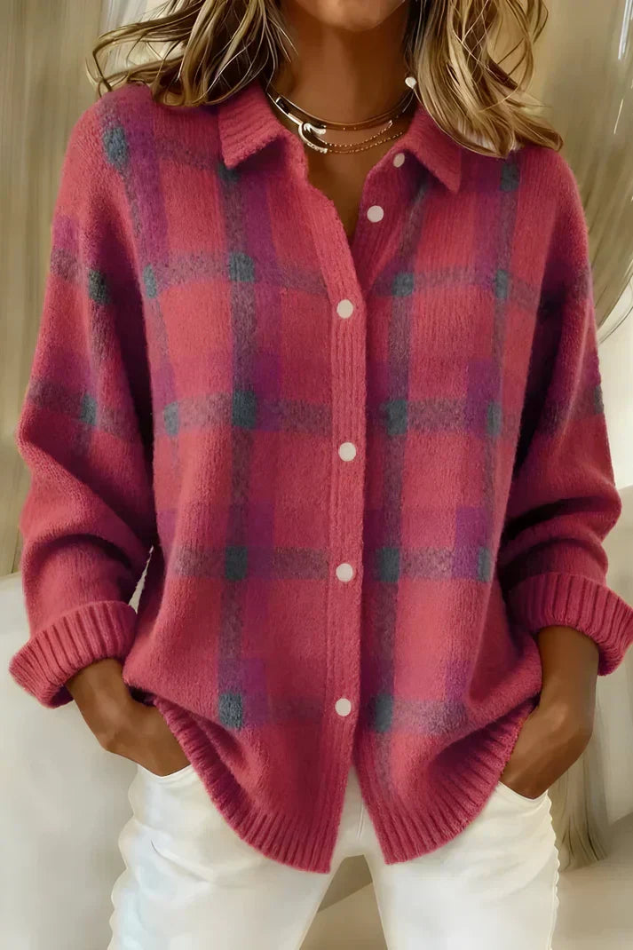 Casagrid Oversized Plaid Shirt – Knit Button Down Women Long Sleeve Casual Relaxed Fit Collared Blouse Shirt