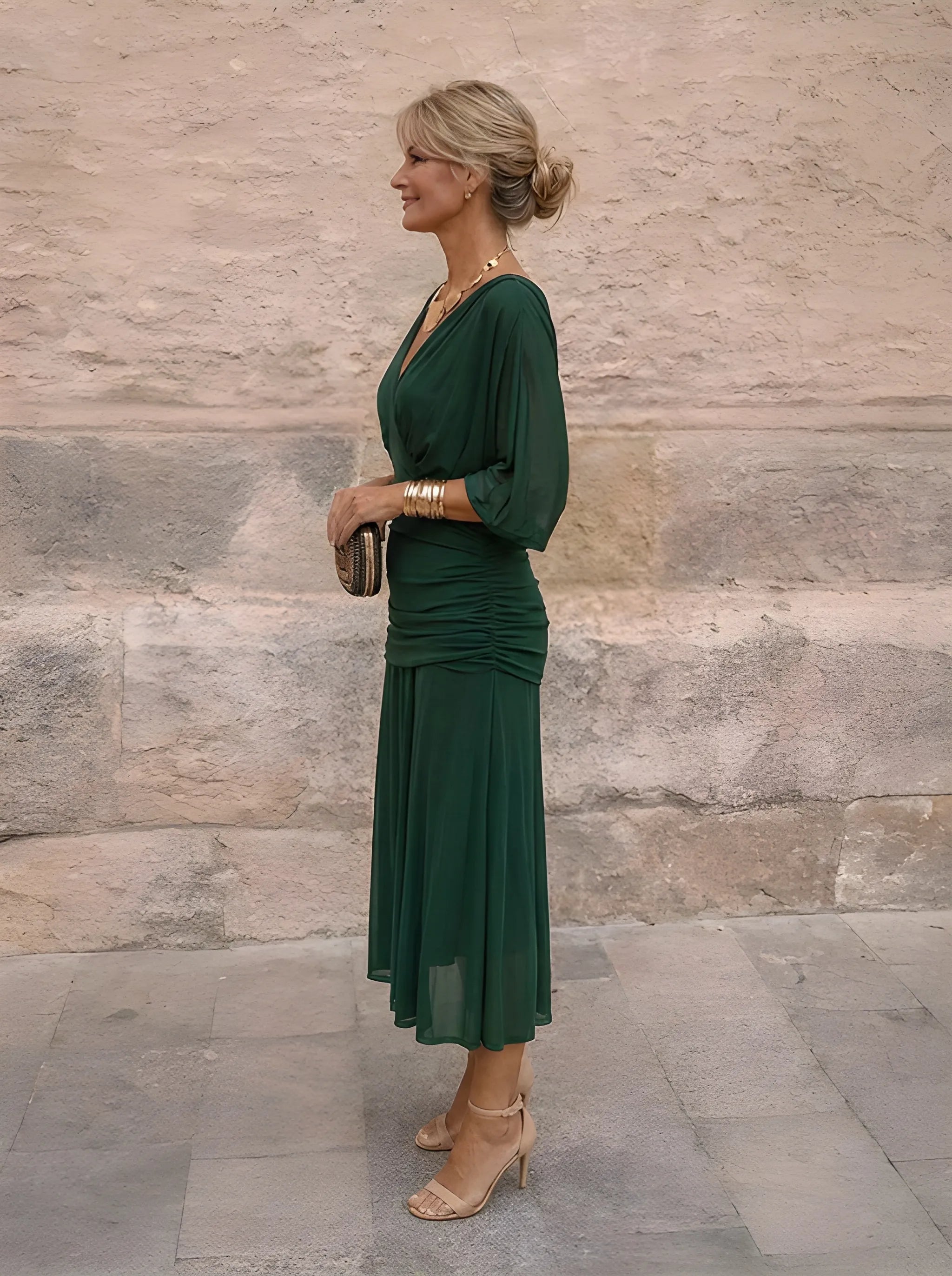 Robe midi drapée à col V Gatherlyn - Robe élégante de soirée pour femme, froncée, à manches kimono
