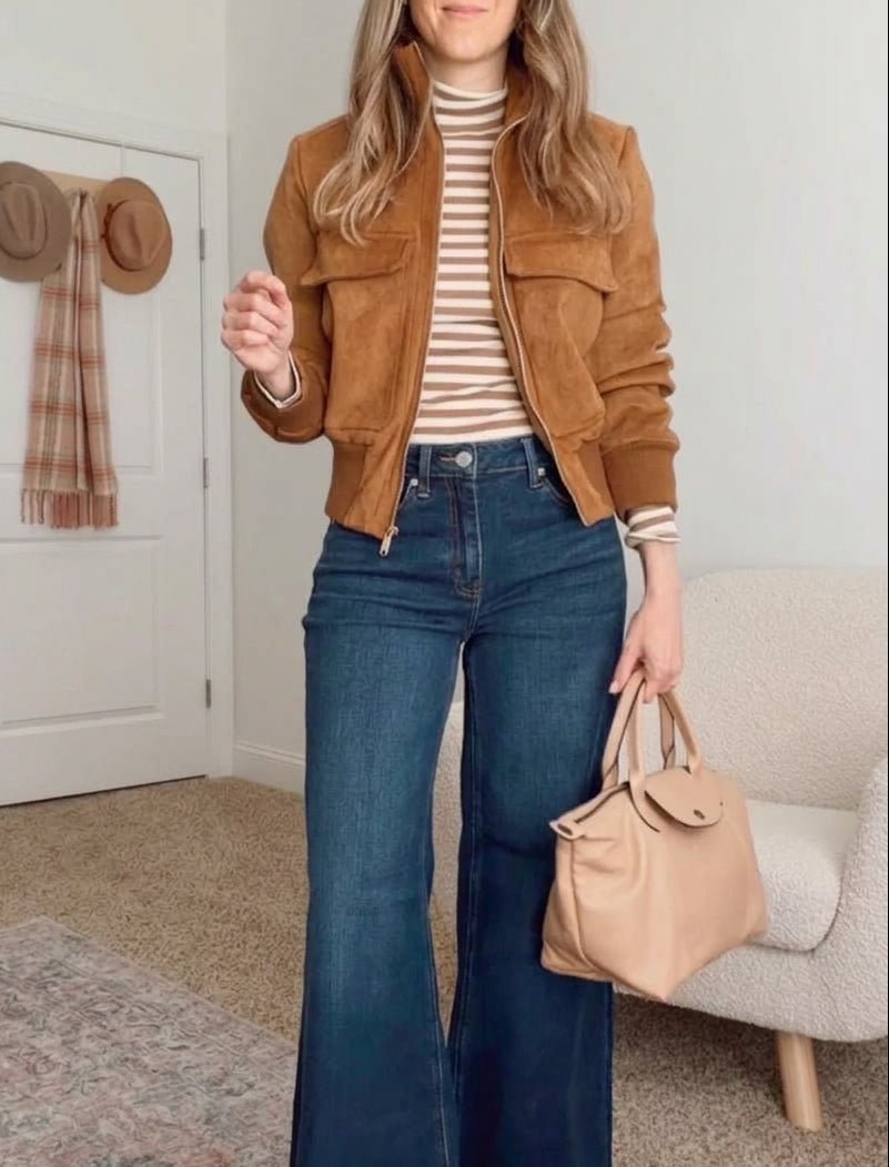 Esther Cropped Bomber Jacket – Suede Utility Pocket Women Fall Casual Streetwear Ribbed Bomber Jacket