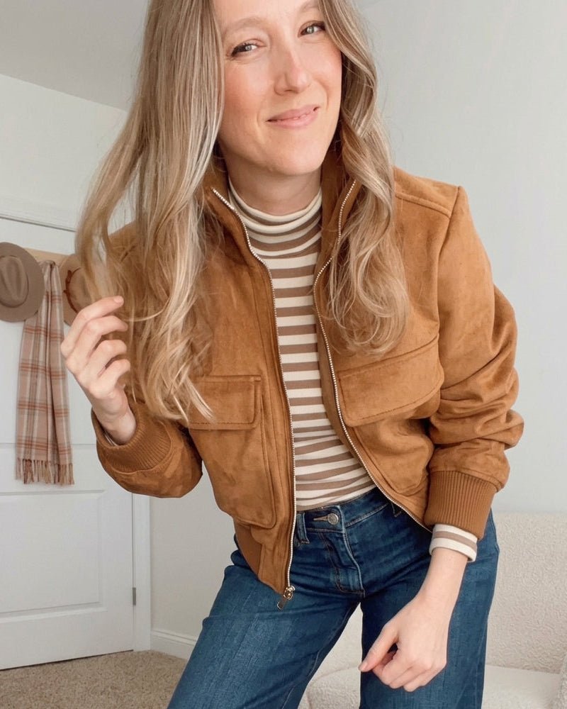 Esther Cropped Bomber Jacket – Suede Utility Pocket Women Fall Casual Streetwear Ribbed Bomber Jacket