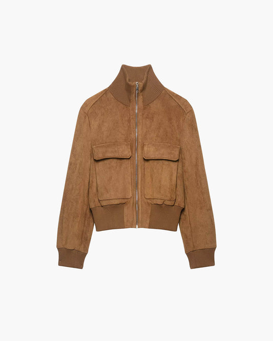 Esther Cropped Bomber Jacket – Suede Utility Pocket Women Fall Casual Streetwear Ribbed Bomber Jacket