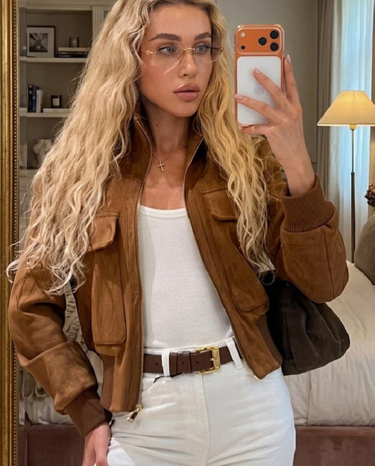 Esther Cropped Bomber Jacket – Suede Utility Pocket Women Fall Casual Streetwear Ribbed Bomber Jacket