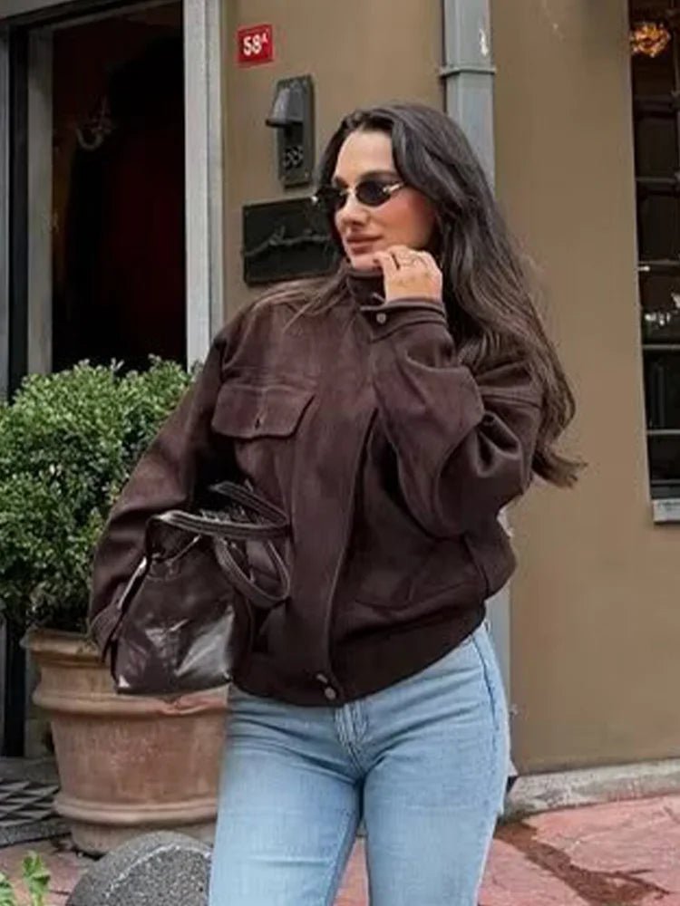 Blouson aviateur utilitaire Marroux - Veste décontractée de rue pour femme, ample et courte, à col roulé et boutons-pression
