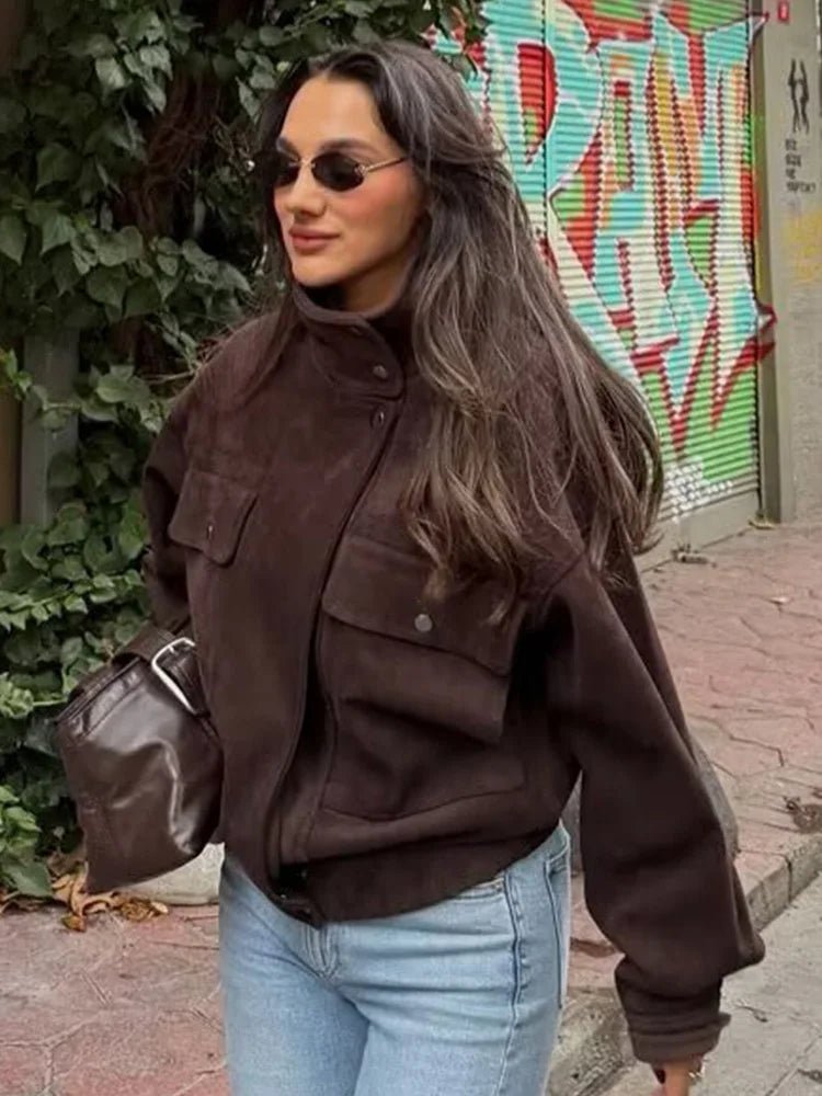 Blouson aviateur utilitaire Marroux - Veste décontractée de rue pour femme, ample et courte, à col roulé et boutons-pression