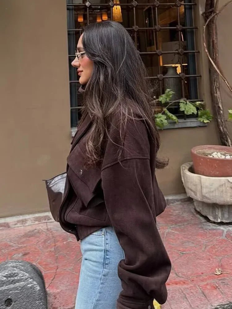 Blouson aviateur utilitaire Marroux - Veste décontractée de rue pour femme, ample et courte, à col roulé et boutons-pression