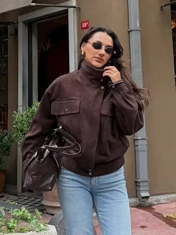Blouson aviateur utilitaire Marroux - Veste décontractée de rue pour femme, ample et courte, à col roulé et boutons-pression